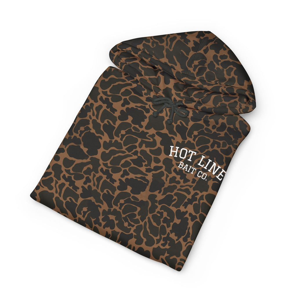 Camo 'Hot Line Bait Co.' Hoodie — Fishing Crewneck Pullover