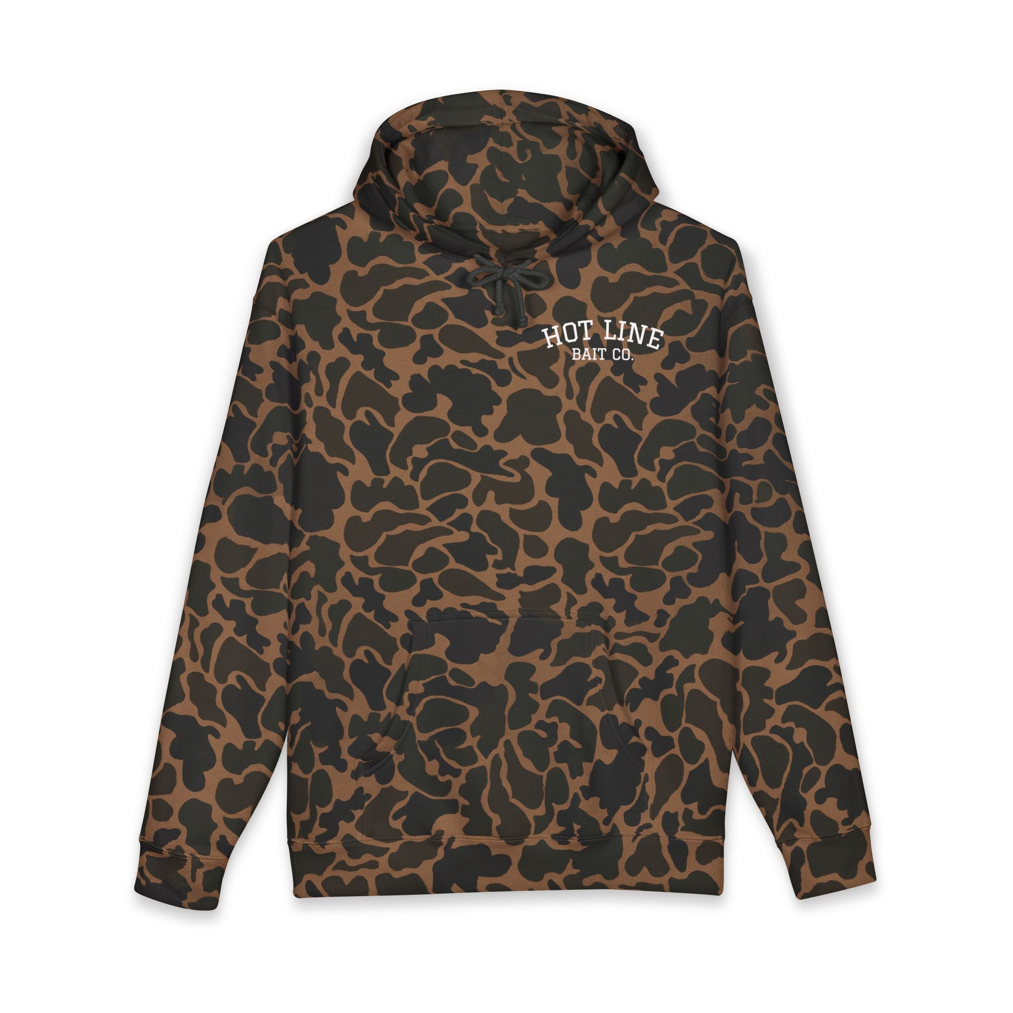 Camo 'Hot Line Bait Co.' Hoodie — Fishing Crewneck Pullover
