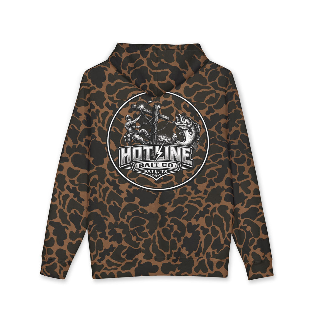 Camo 'Hot Line Bait Co.' Hoodie — Fishing Crewneck Pullover