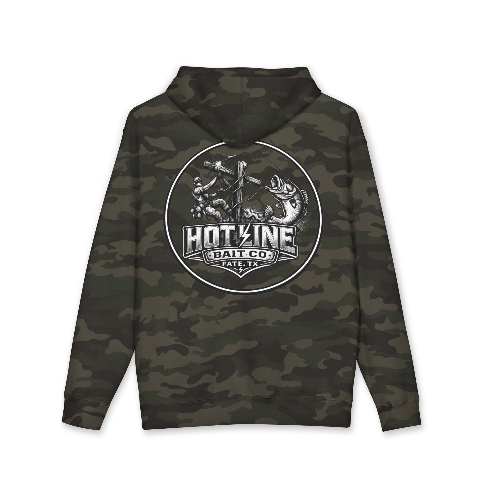 Camo 'Hot Line Bait Co.' Hoodie — Fishing Crewneck Pullover