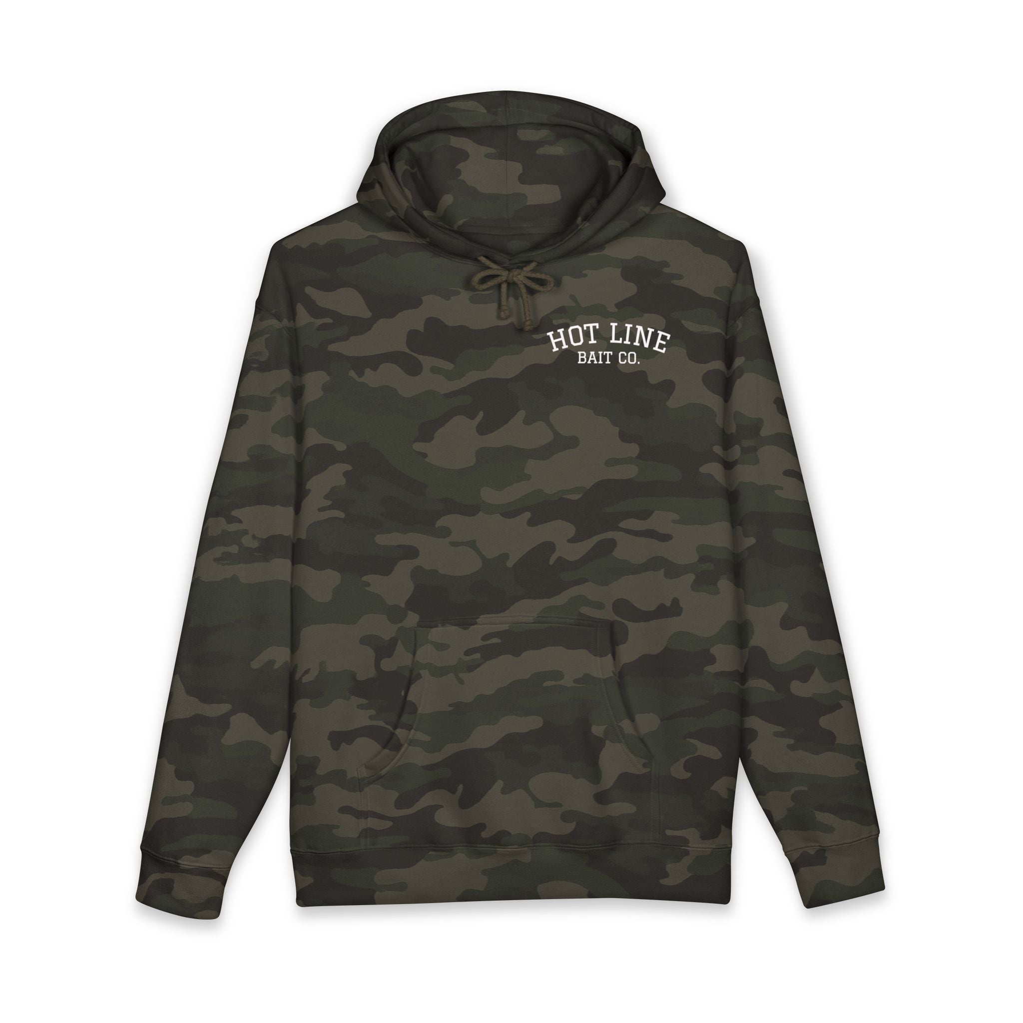 Camo 'Hot Line Bait Co.' Hoodie — Fishing Crewneck Pullover