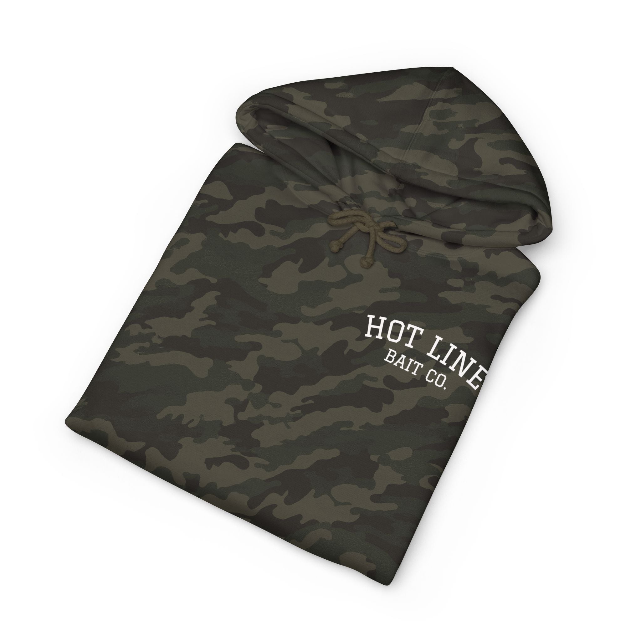 Camo 'Hot Line Bait Co.' Hoodie — Fishing Crewneck Pullover